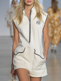 Stand-collar Long-zipper Double-pocket Sleeveless Mini Dress