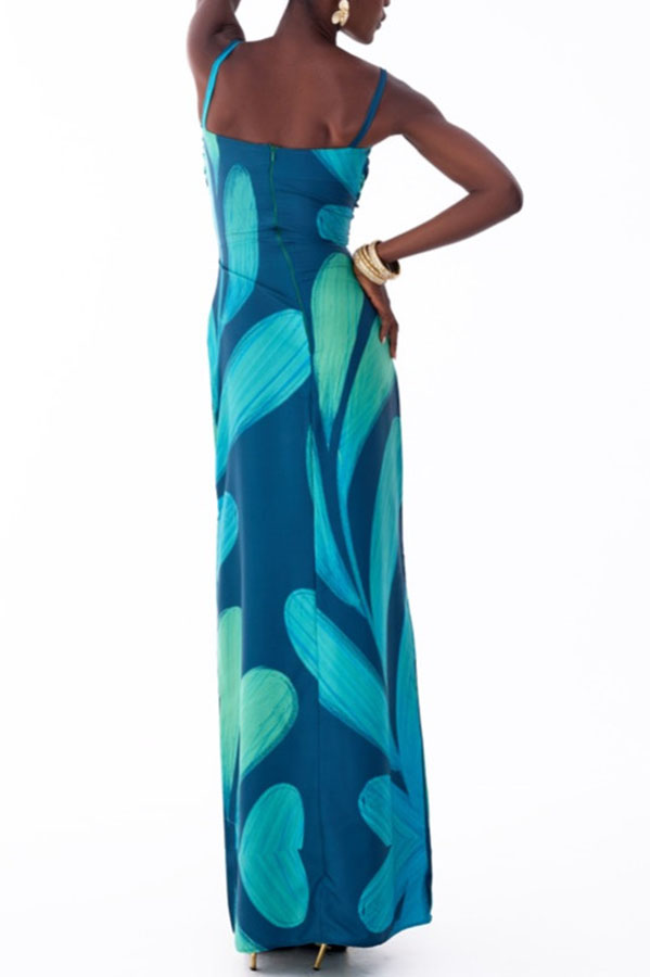 Verona Satin Leaf Pattern Front Tie-up Cutout Slip Drape Maxi Dress