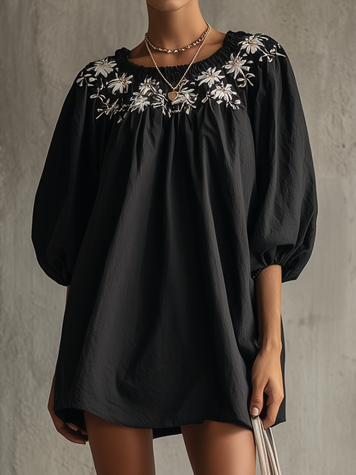 Embroidered Puff-Sleeve Mini Dress With Floral Detail And Relaxed Silhouette