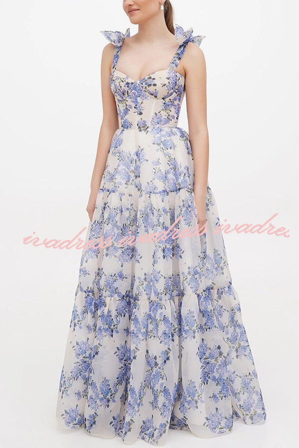 Fairytale Itself Organza Floral Print Tie Strap Maxi Dress