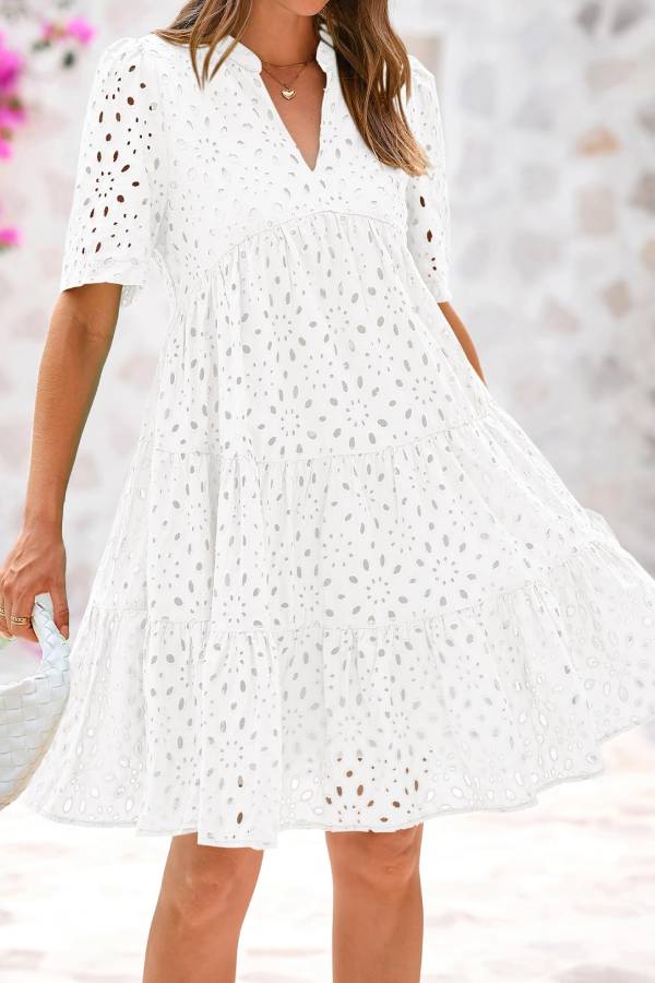 Women's V Neck Short Sleeve Hollow Out Mini Vacation Dress