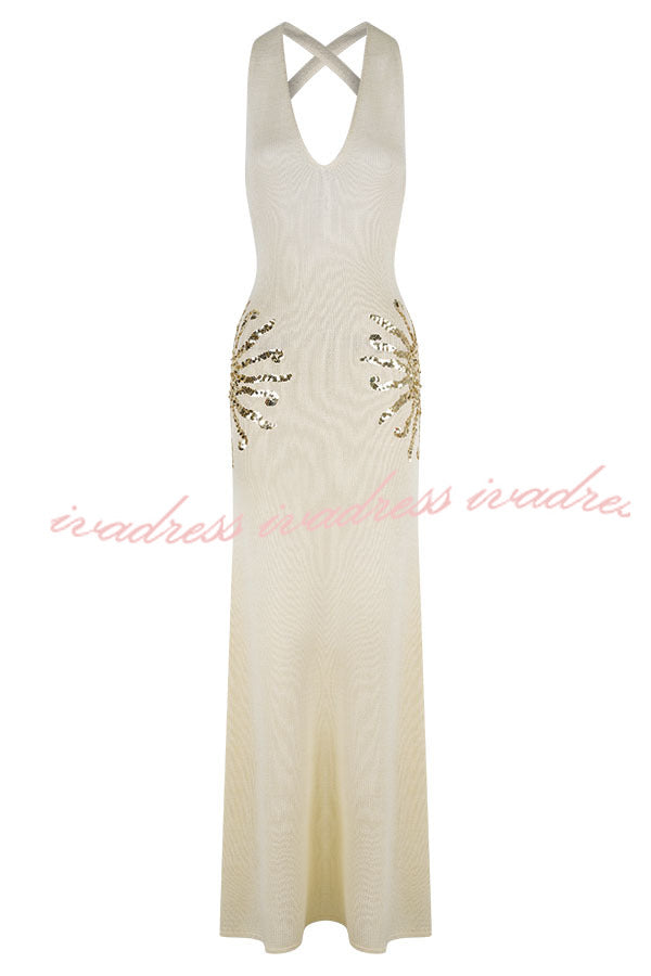 Sparkling Nights Knit Sunburst Sequin Detail Back Cross Straps Stretch Maxi Dress
