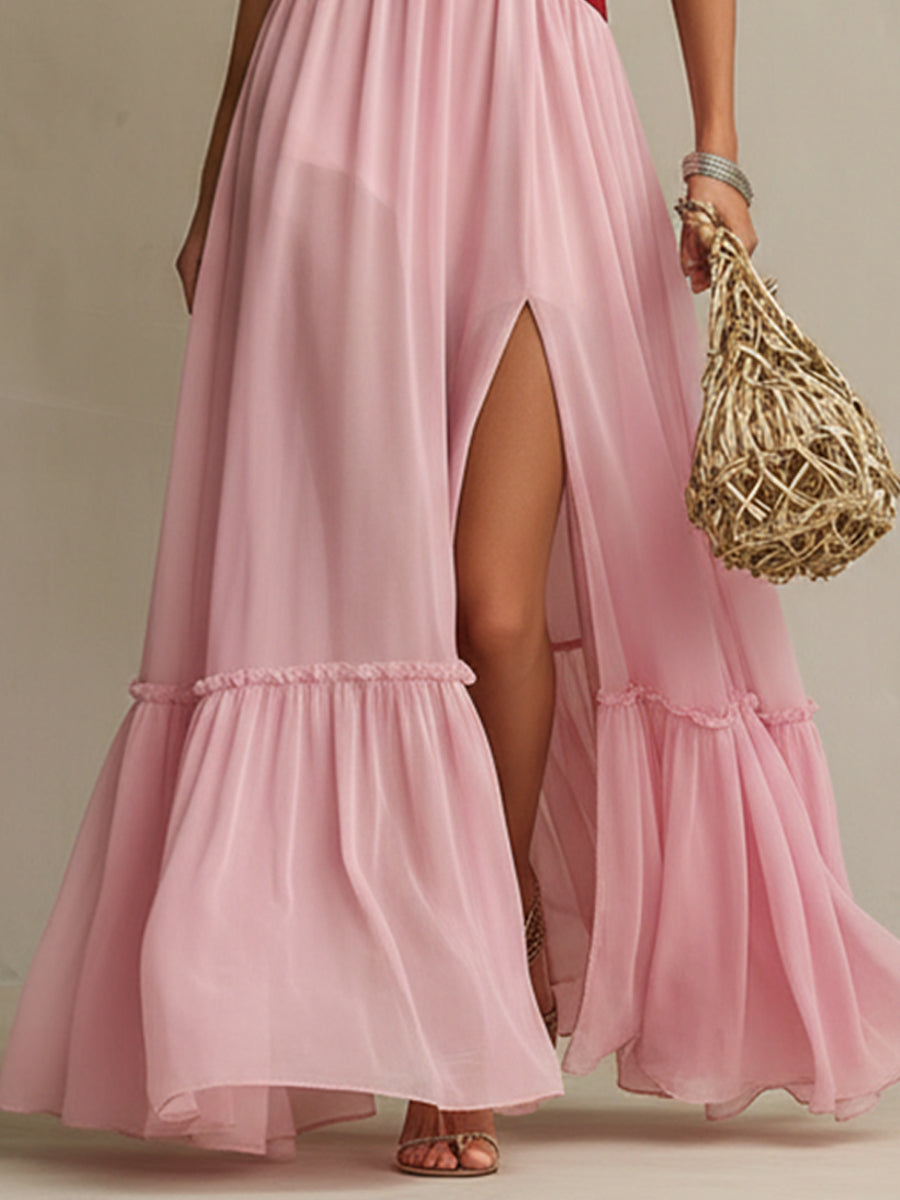 Red And Pink Cutout Chiffon Maxi Dress
