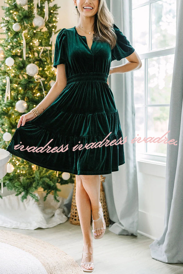 Always Choose Your V-neck Velvet Ruffled Pleated Panel Mini Dress