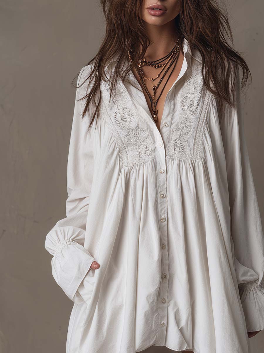 Daily White Turndown Collar Lantern Sleeve Long Sleeve Asymmetric Hem Boho Contrast Lace Mini Dresses