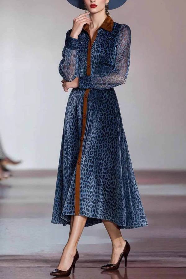 Vintage Blue Leopard Print Shirt Collar See-Through Long Sleeve Dress(No belt included)