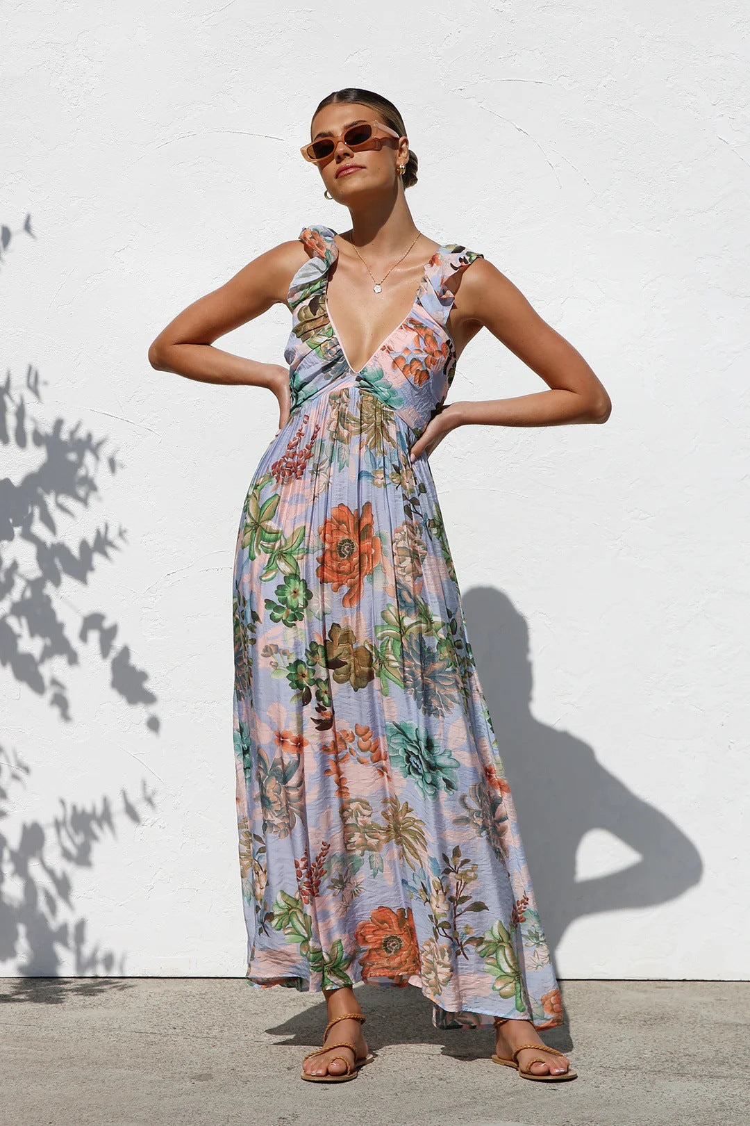 Ruffle V Neck Maxi Dress