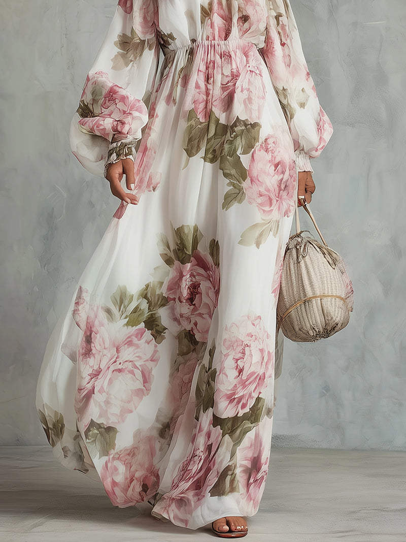 White Off-Shoulder Chiffon Maxi Dress With Pink Floral Print