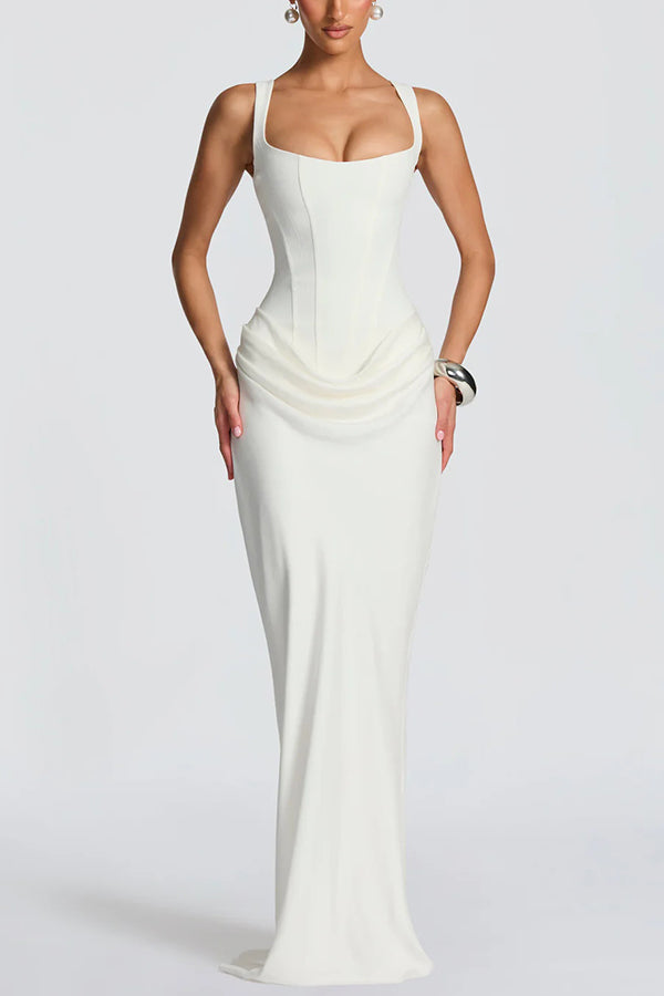 Larrah Square Neck Back Lace-up Satin Drape Hem Maxi Dress