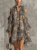 Gray Floral Chiffon Cold-Shoulder Mini Dress With Ruffled Neck