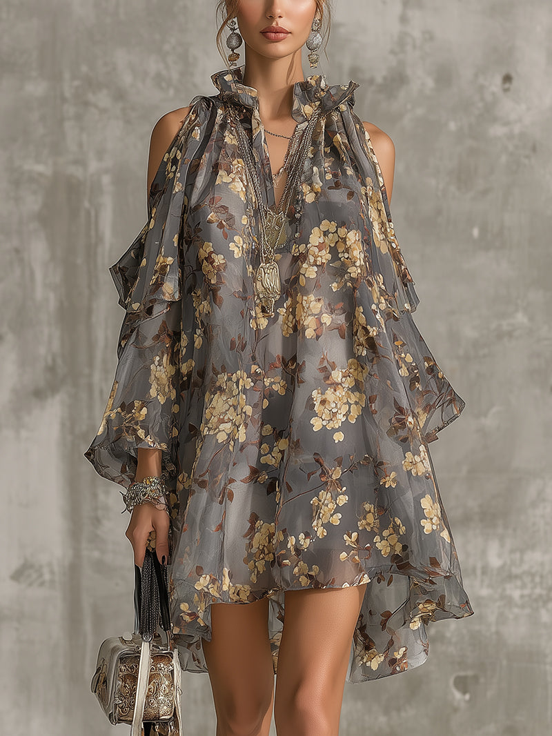 Gray Floral Chiffon Cold-Shoulder Mini Dress With Ruffled Neck