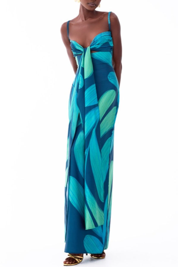 Verona Satin Leaf Pattern Front Tie-up Cutout Slip Drape Maxi Dress