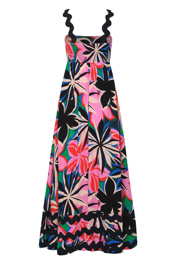Floral Printed Wave Bandeau Fashion Maxi Dress