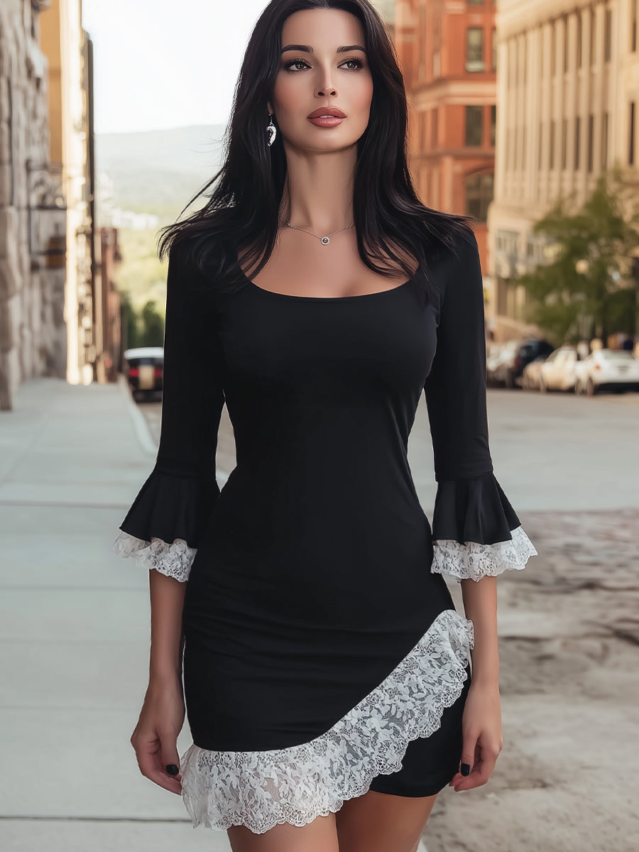 Square Neck Flared Sleeves Lace-Trimmed Mini Dress
