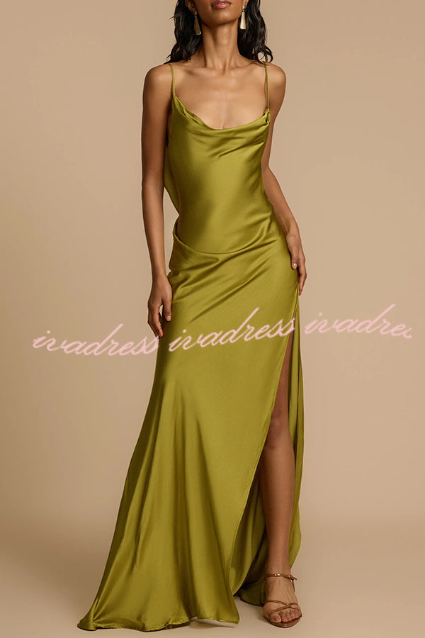 Evening Date Satin Cowl Neck Drape Ruffle Backless Bias Cut Party Maxi Dress
