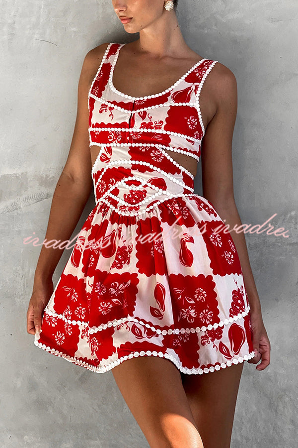 Holiday Colors Ric Rac Trims Unique Print Cutout Round Neck Mini Dress