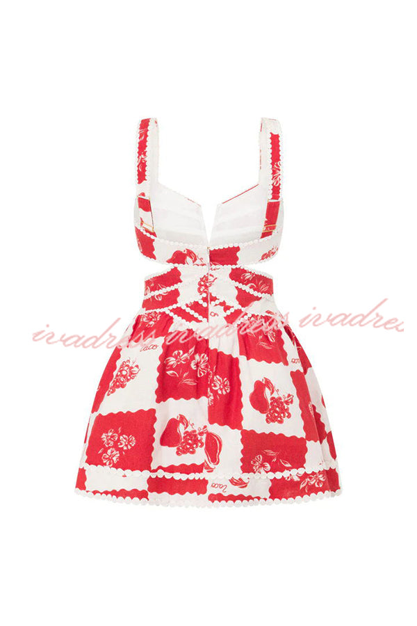 Lucia Linen Blend Ric Rac Trims Unique Print Cutout Pocketed Mini Dress