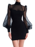 Retro Elegant High Neck Black Sheer Puff Sleeve Mini Dress