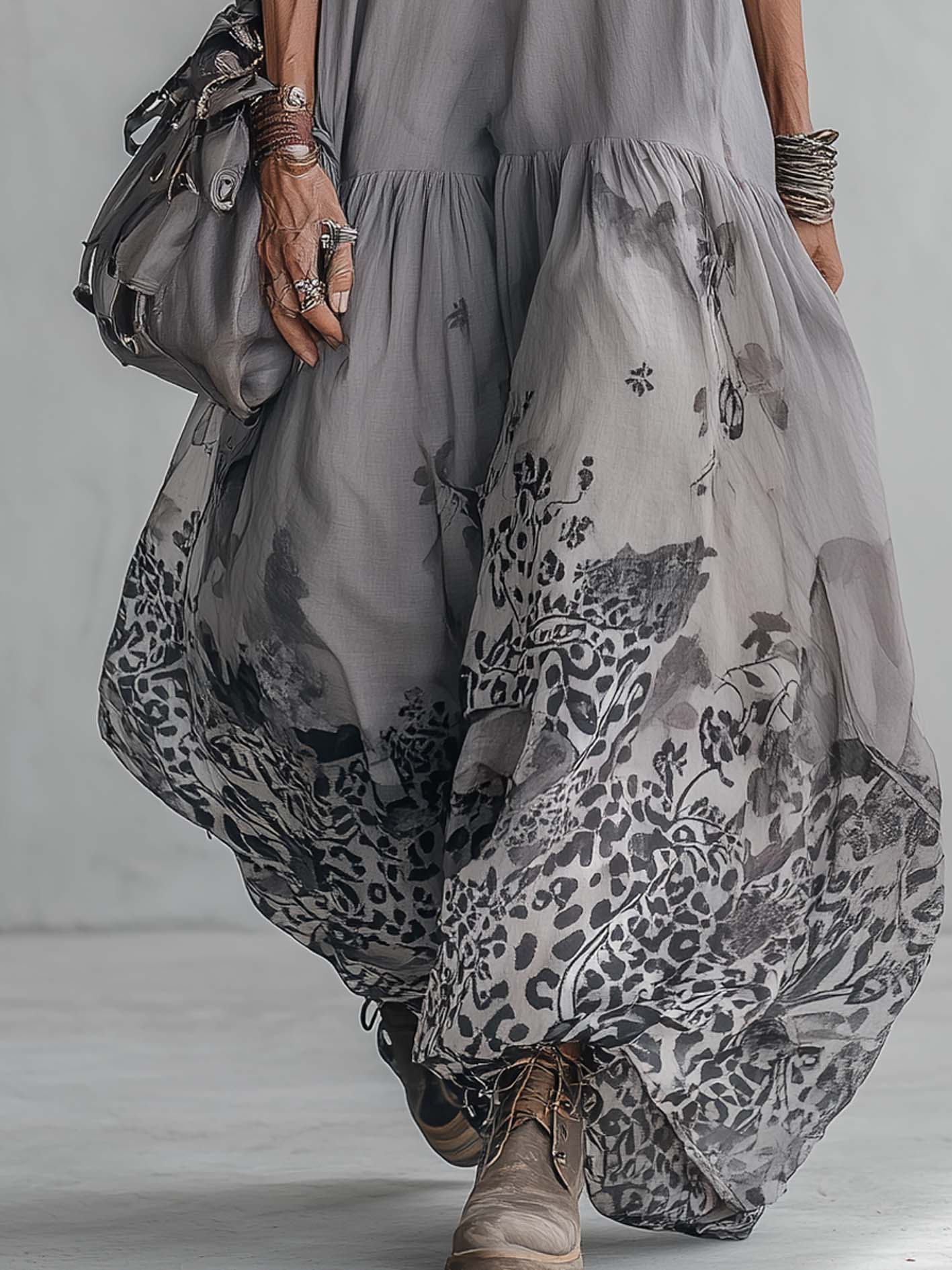 Gray Cotton Linen Leopard Patchwork Chiffon Maxi Dress