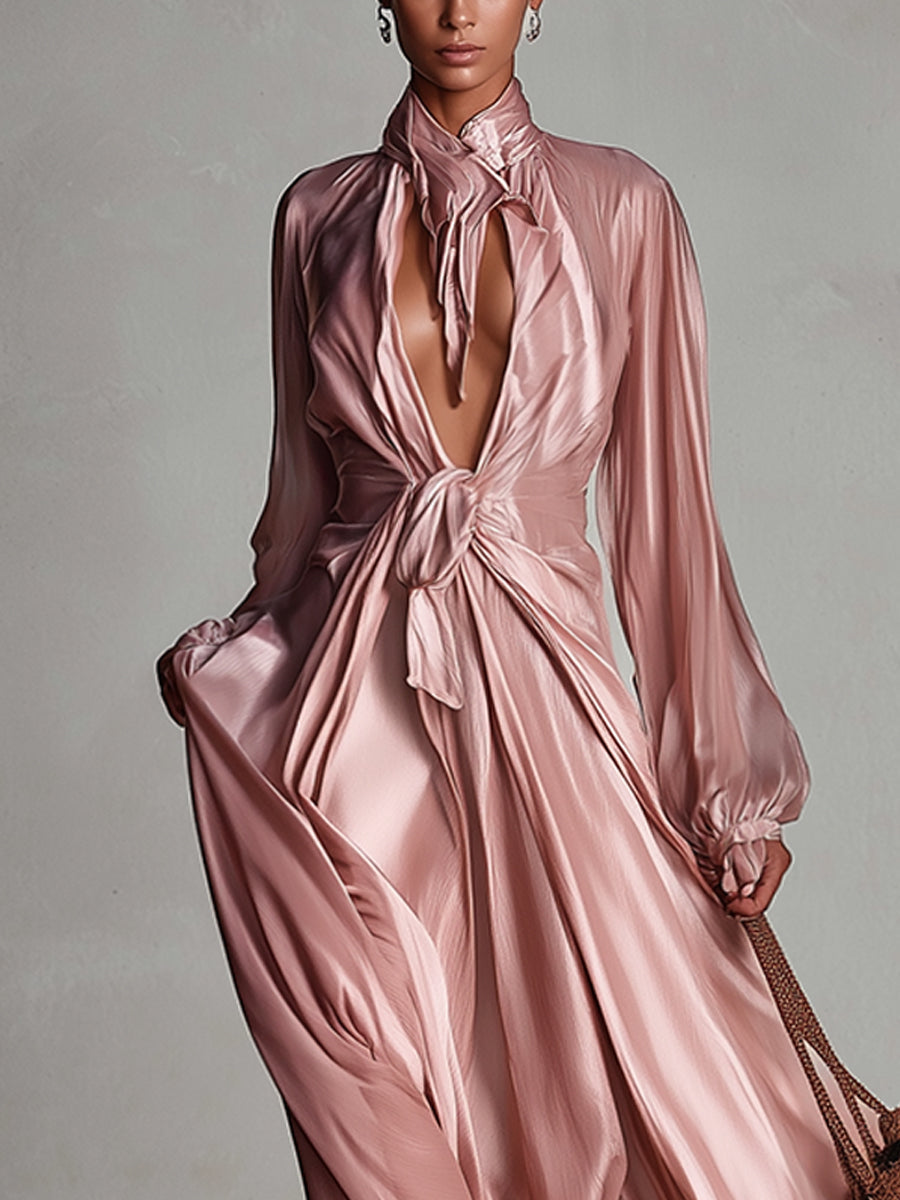 Pink Acetate Satin Long Sleeve Cutout Maxi Dress