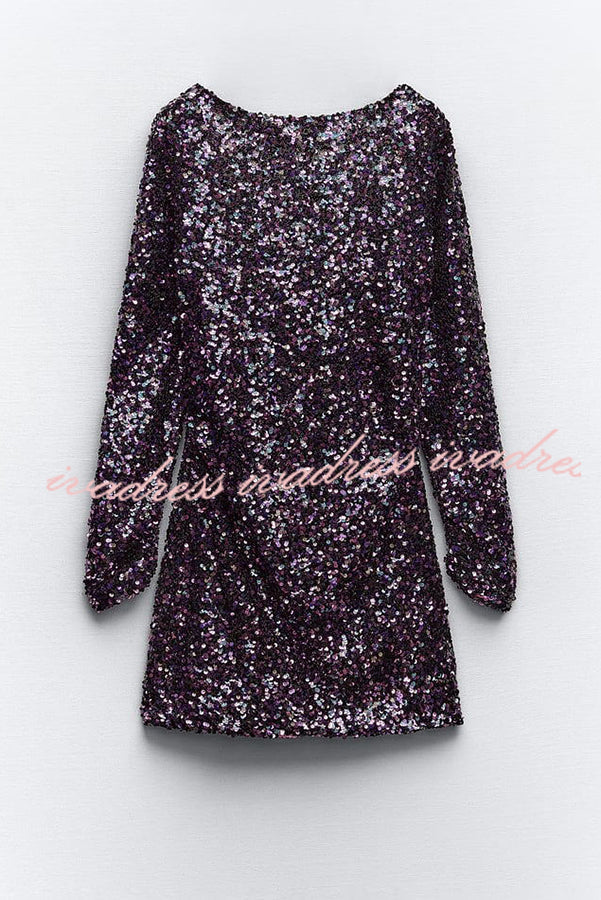 Call Me Beauty Sequin Back Cowl Neck Draped Long Sleeve Mini Dress