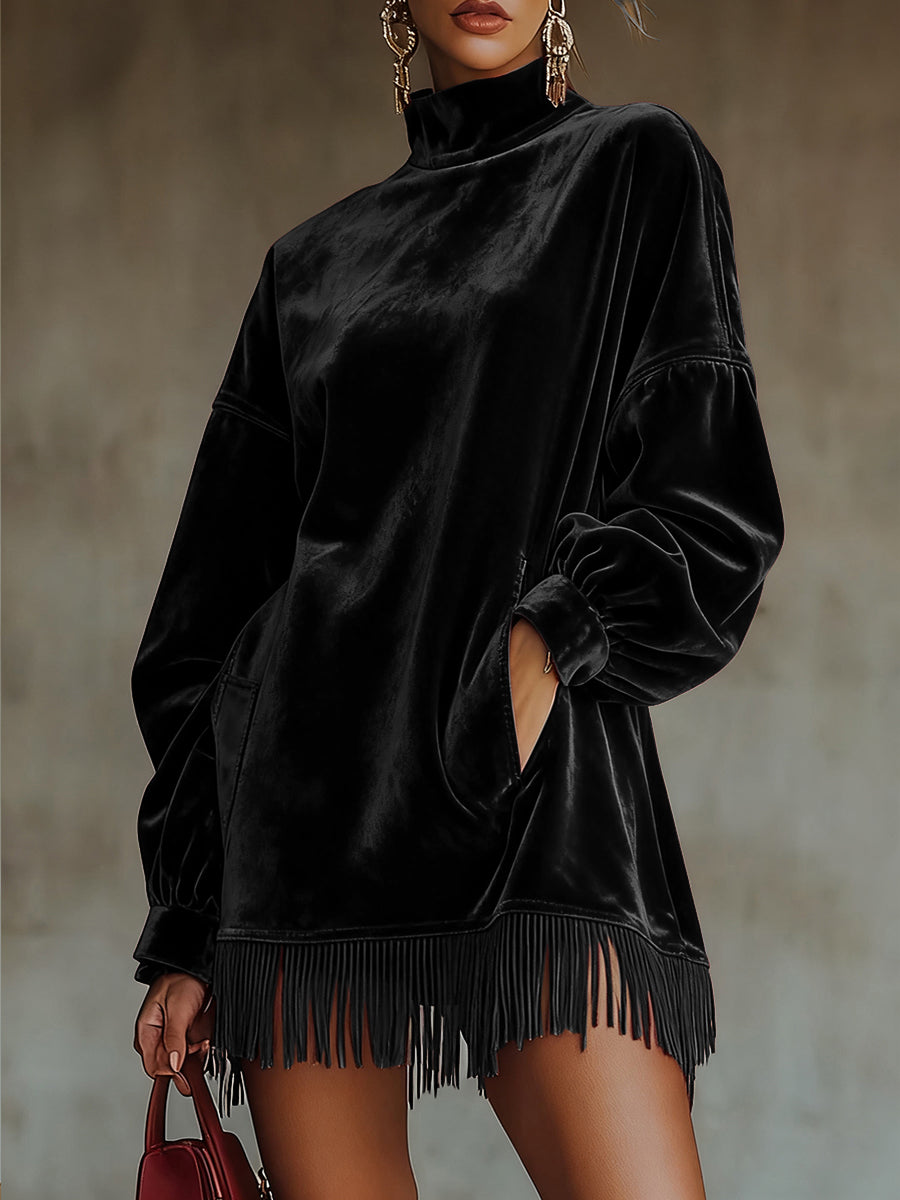 sheenchic Party Burgundy High Collar Long Sleeve Strappy Elegant Pocket Velvet Mini Dresses