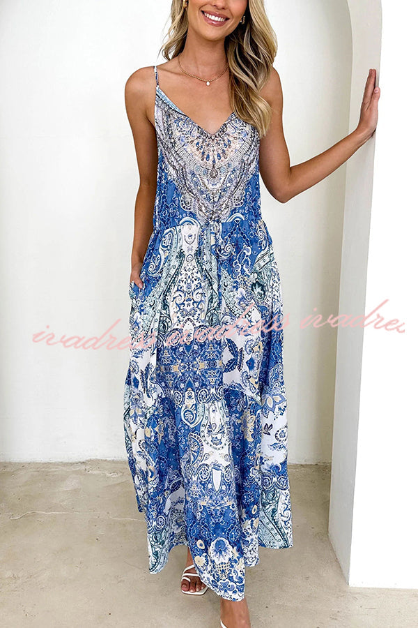 If It Looks Beautiful Ethnic Print Strap V Neck Pleated Pocket Maxi Dress