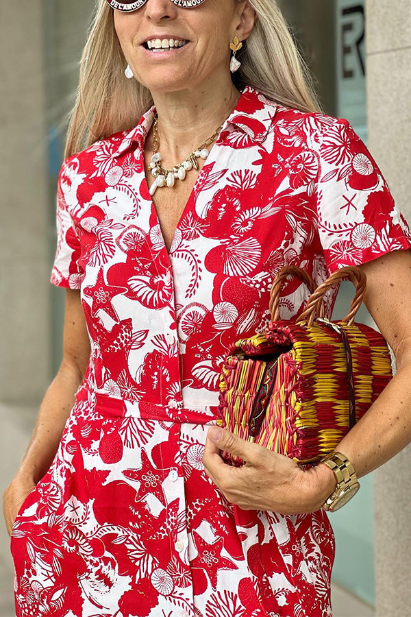 Red marine life print V-neck short-sleeved waist dress