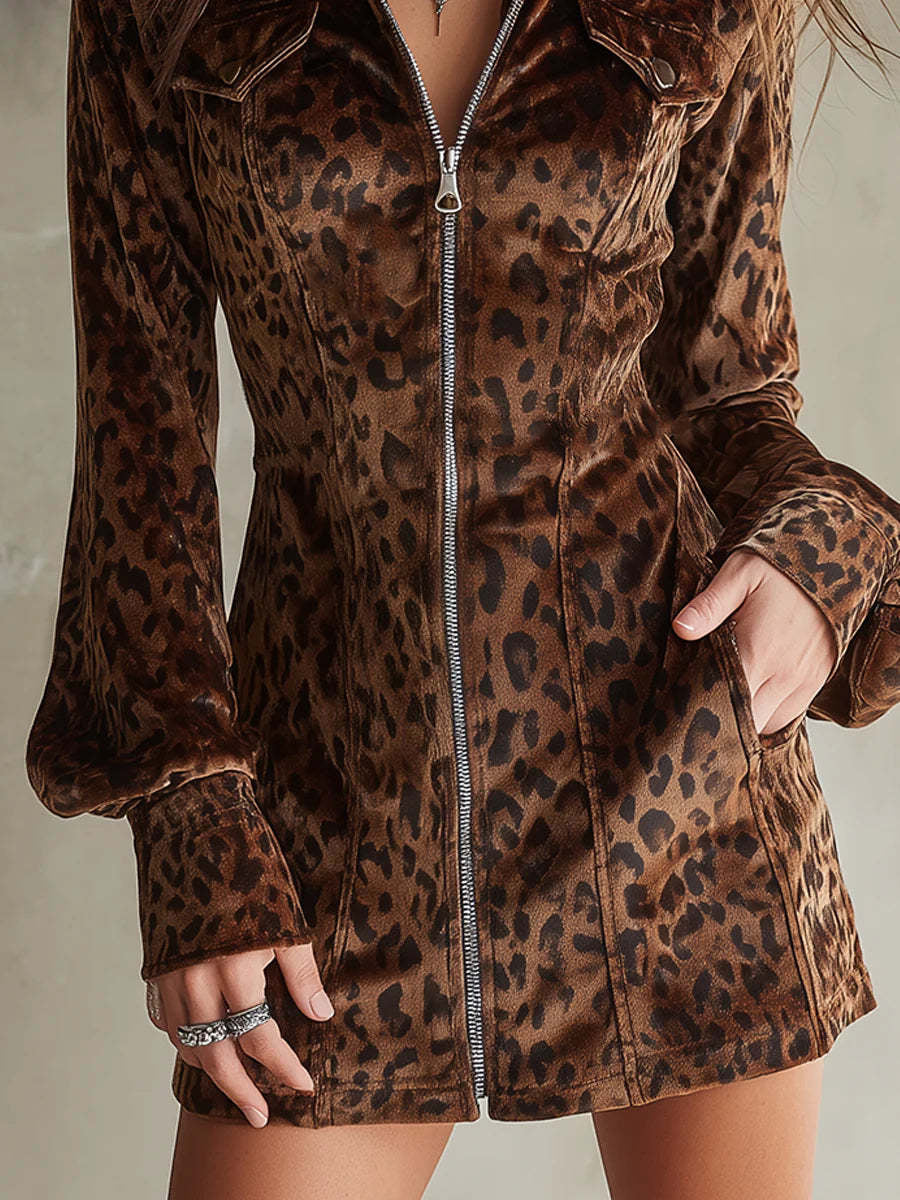 Daily Brown Leopard Shirt Collar Lantern Sleeve Long Sleeve Pocket Vintage Zipper Chamois Mini Dresses