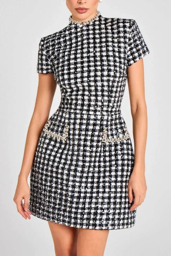 Round-neck beaded plaid Chanel-style mini dress