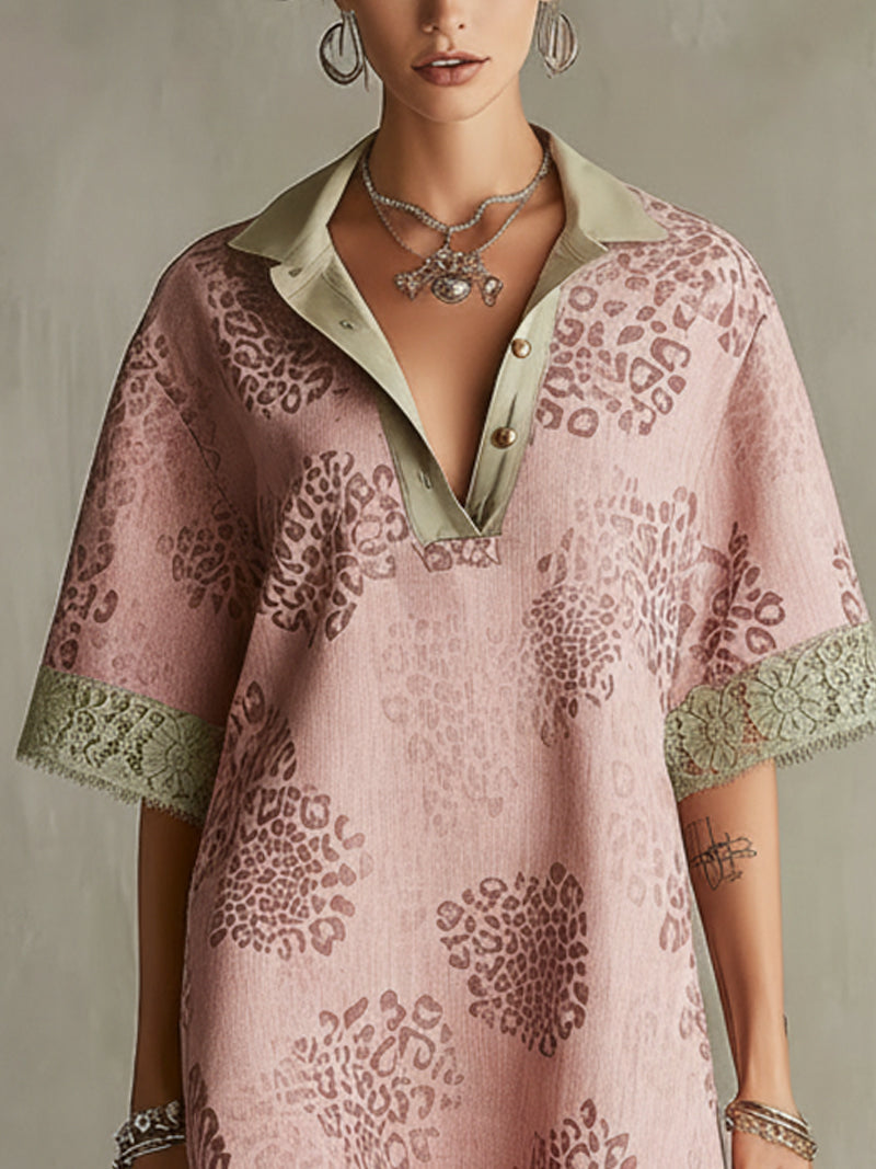 Pink Leopard Jacquard Mini Shirt Dress With Lace Trim