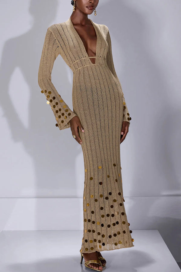 Stylish V-neck Flared Long-sleeved Knit Sequined Maxi Dress