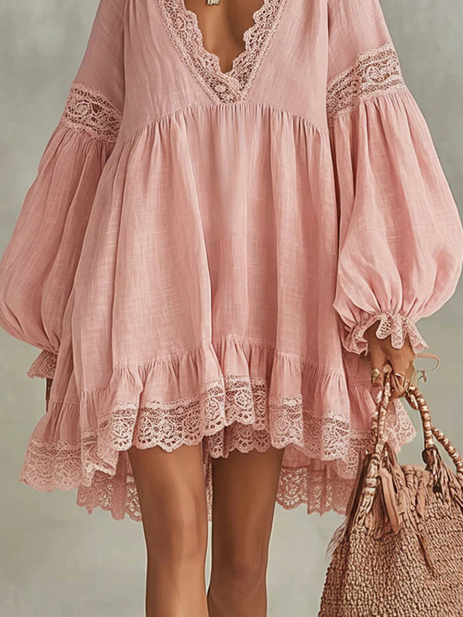 sheenchic Vacation Pink V Neck Puff Sleeve Long Sleeve Ruffle Boho Contrast Lace Mini Dresses [Pre-Order]