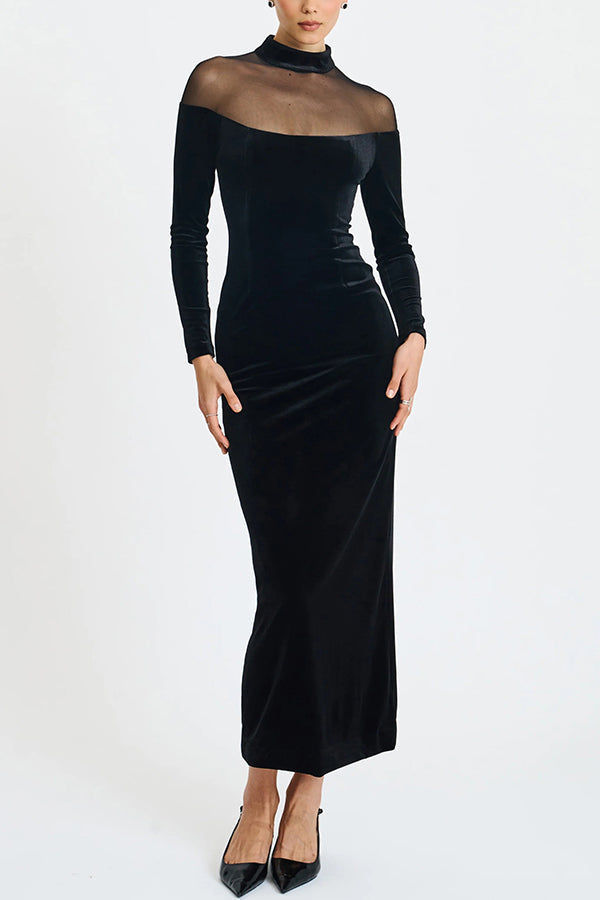 Fashionable Velvet and Mesh Spliced long-sleeved Slim-fit Maxi Dress