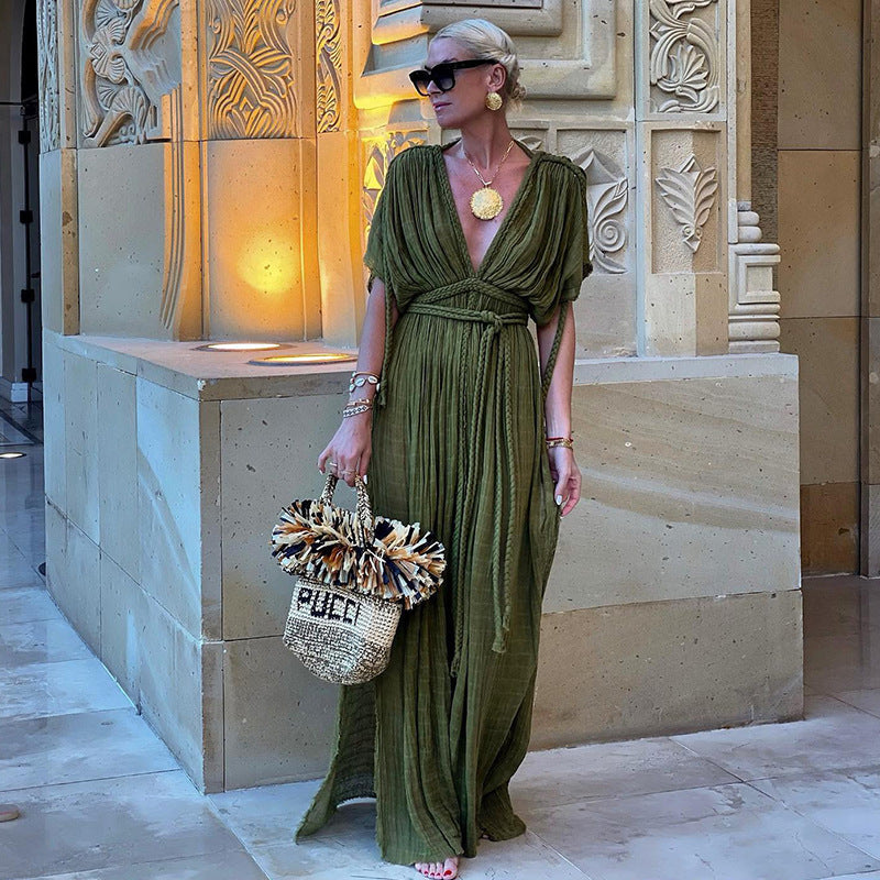 Off Shoulder Halter Maxi Dress(With Belt)