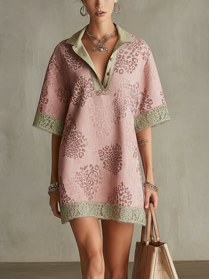 Pink Leopard Jacquard Mini Shirt Dress With Lace Trim