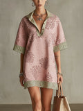 Pink Leopard Jacquard Mini Shirt Dress With Lace Trim