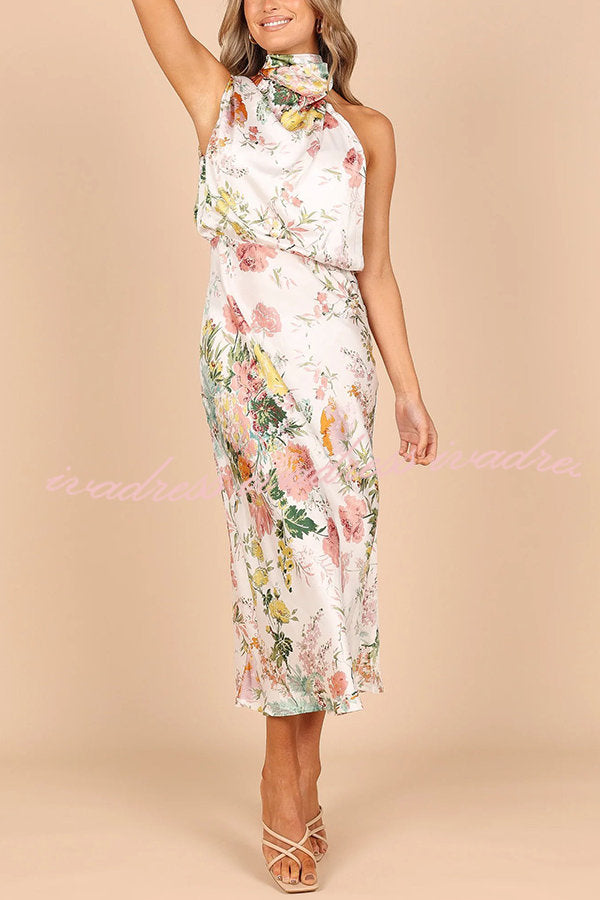 Wine Country Dates Floral Halter Neck Elastic Waist Maxi Dress