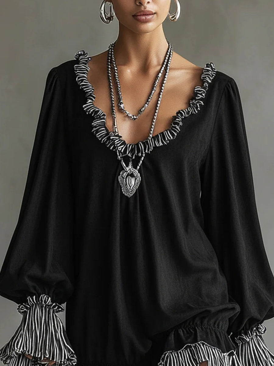 Daily Black Striped V Neck Long Sleeve Ruffled Vintage Contrast Mini Dresses