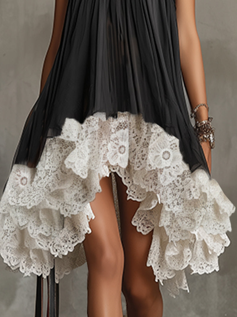 Black Sleeveless Pleated Dress With Layered White Lace Hem