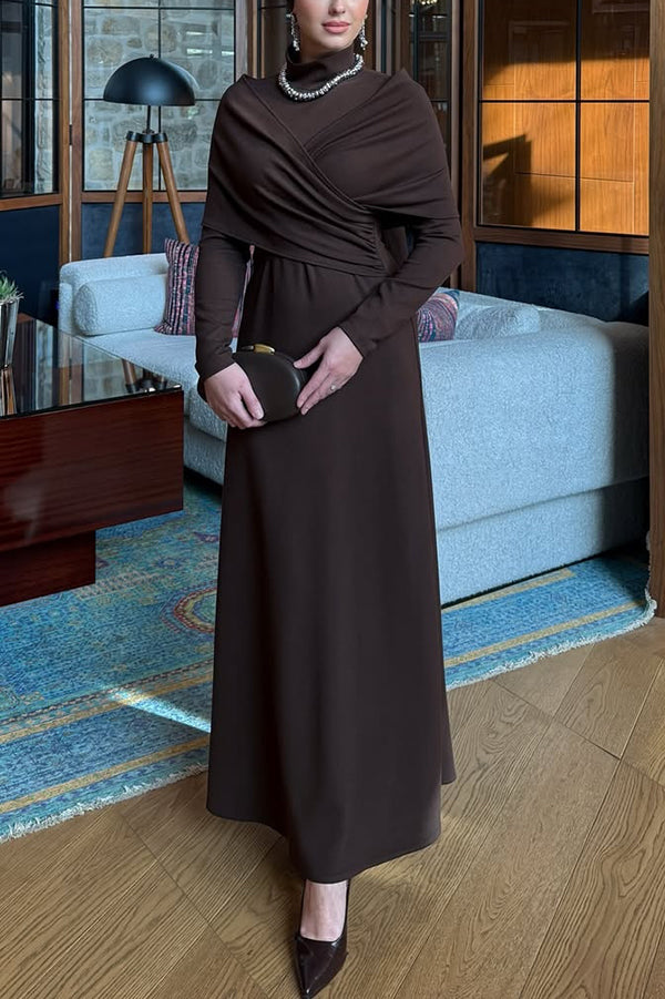 Solid Color High-neck Long-sleeved Crossover Waist Slim-fit Maxi Dress