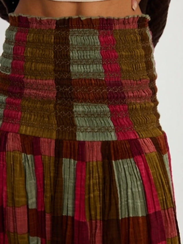 Retro Plaid Pleated Maxi Skirt