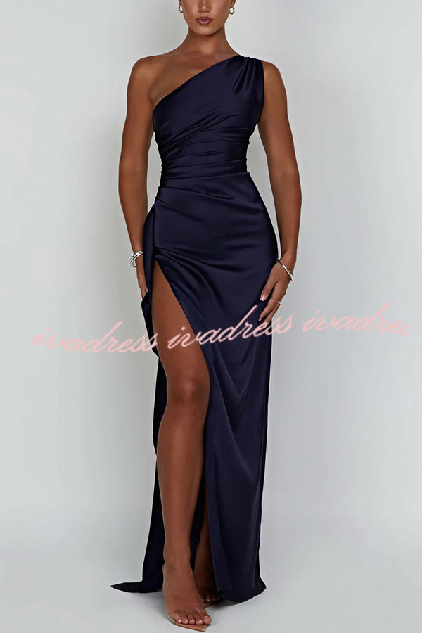 Fits Your Curves Satin One Shoulder Drape Slit Maxi Dress
