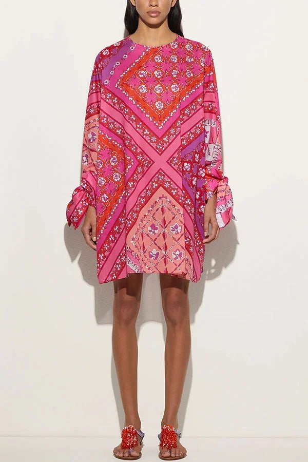 Micah Satin Unique Print Slit Tie-up Sleeve Shift Kaftan Mini Dress