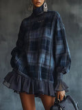 Daily Blue Plaid High Collar Lantern Sleeve Long Sleeve Pocket Vintage Contrast Mini Dresses