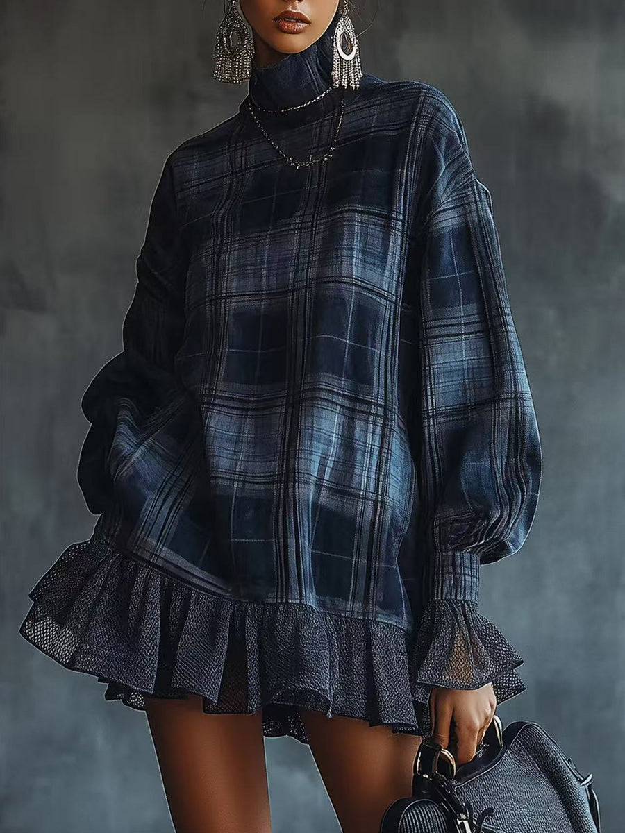 Daily Blue Plaid High Collar Lantern Sleeve Long Sleeve Pocket Vintage Contrast Mini Dresses
