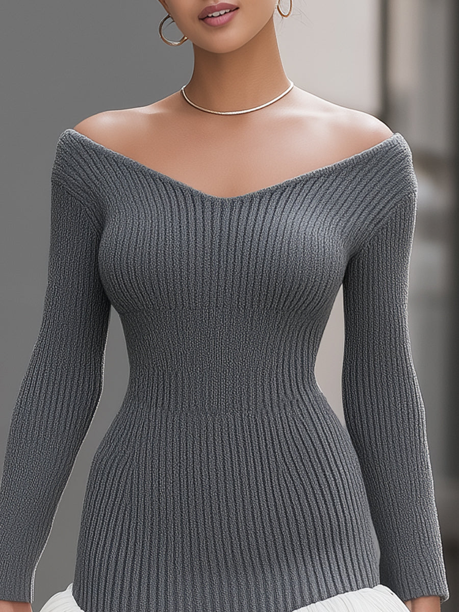 Contrast Ruffle Off-Shoulder Ribbed Knit Mini Dress
