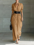 Fashion Khaki Shirt Collar Button Pleated Belted Maxi Dress