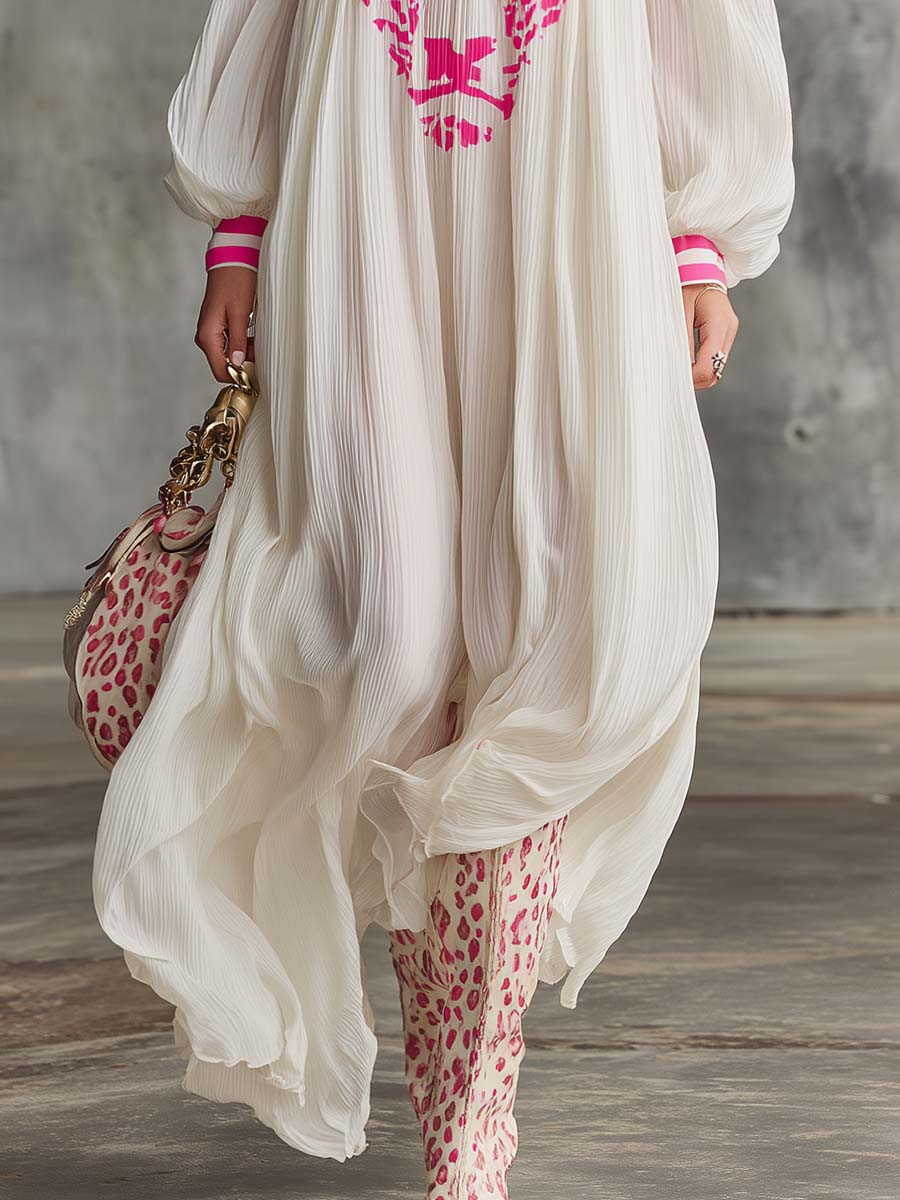 Elegant Flowing. Ultra-loose Off-shoulder Pink Leopard Print Off-white Chiffon Maxi Dress