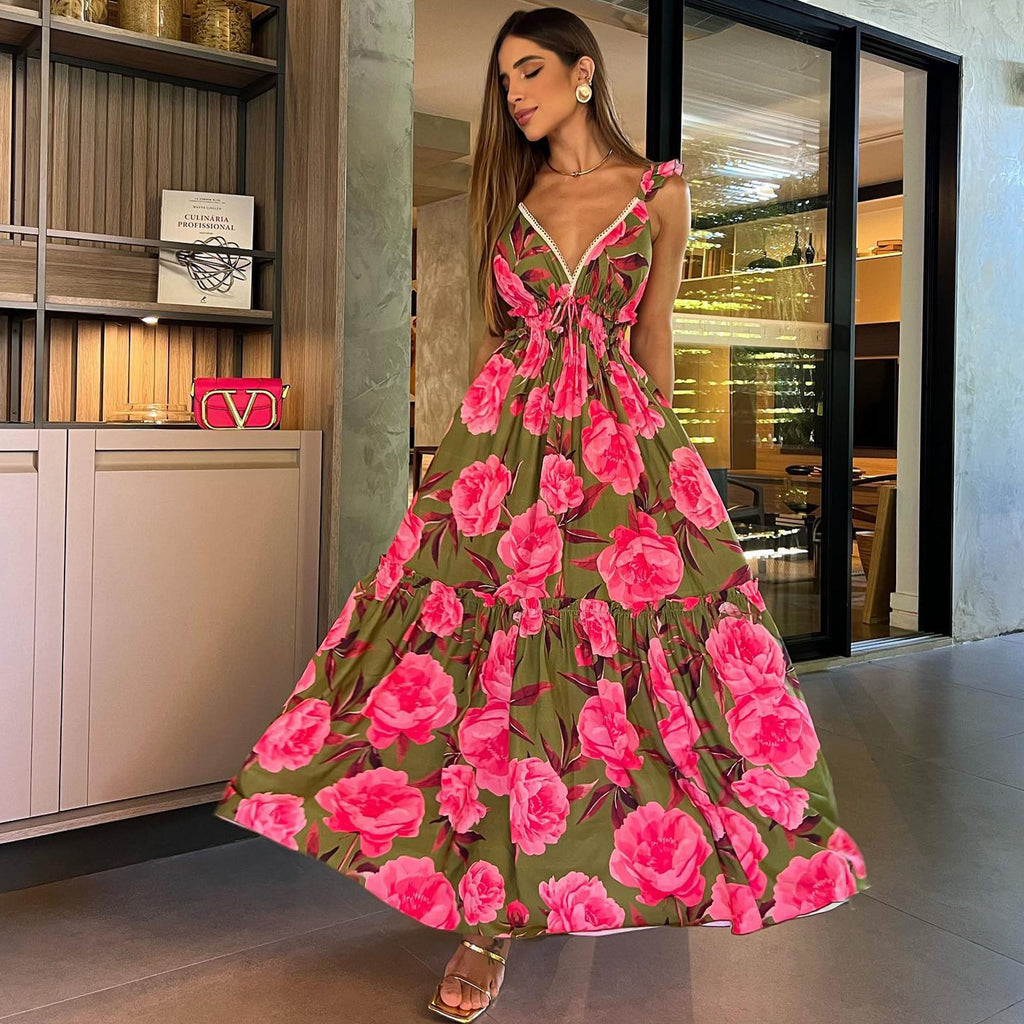 Ruffle Printed Cut Out Maxi Dress